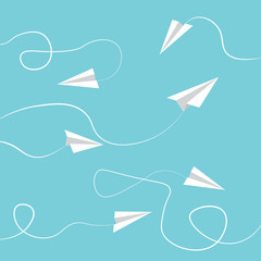 Creative and Minimal Illustration - White Paper Airplanes with Lines on Blue Vector Background