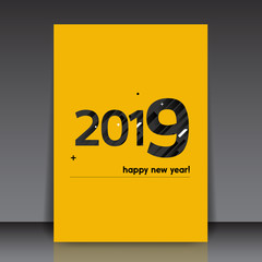 Black 2019 Happy New Year Text on Yellow Background - Editable Vector Flyer Template Illustration