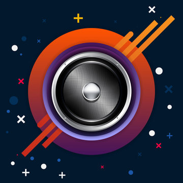Realistic Audio Speaker with Abstract Decorative Shapes Vector Background