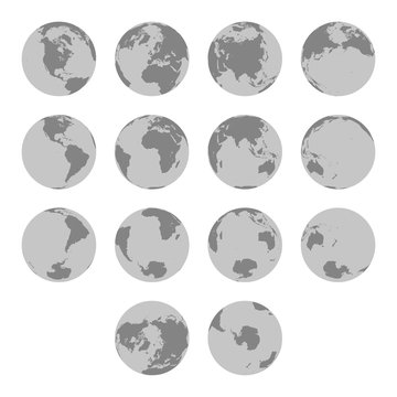 Detailed silhouette maps of planet Earth. Hemispheres maps. World map. North pole / South pole. Europe, Asia, Australia, America, Africa, Antarctica maps. Earth from different perspectives.