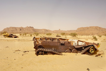 Libyan army quipment  destroyed during  military conflict with Chad in Fada district - obrazy, fototapety, plakaty
