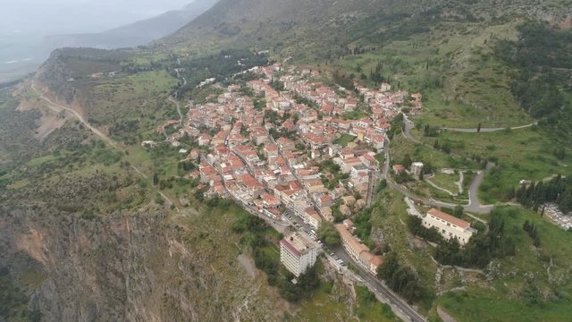 Aerial view of modern Delphi town, near archaeological site of ancient Delphi