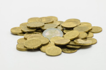 A pile of coins, the European currency EURO. Isolated on white background with clipping path.
