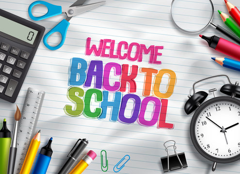 Welcome back to school vector design template with school supplies, education elements and colorful text in white paper texture background. Vector illustration.
