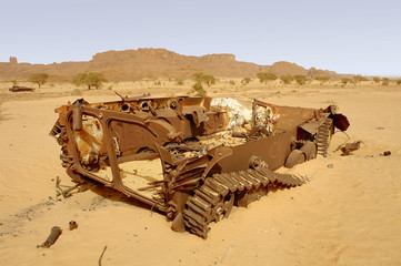 Libyan army quipment  destroyed during  military conflict with Chad in Fada district