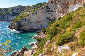 Fototapeta na wymiar View of beautiful rocks and blue sea near Skinari cape on Zakynthos island. Greece.