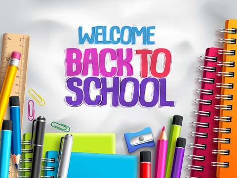 Welcome back to school vector background template with education elements, colorful school supplies and white space for text or message in white textured background. Vector illustration.
