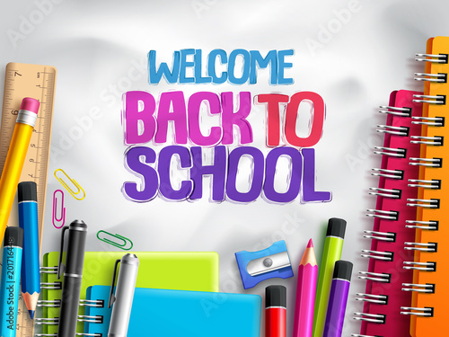 Welcome Back To School Vector Background Template With Education Elements Colorful School Supplies And White Space For Text Or Message In White Textured Background Vector Illustration Wall Mural Amazeindesign