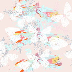 Fototapeta na wymiar Abstract pattern with butterflies and florals in spring colors