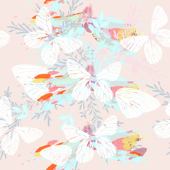 Abstract pattern with butterflies and florals in spring colors