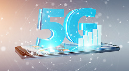 5G network with mobile phone 3D rendering