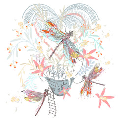 Artistic spring design for T-shirts with air balloon, florals and dragonfly
