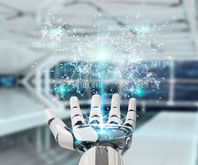 White humanoid hand using digital globe hud interface 3D rendering