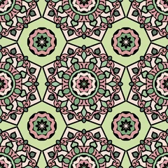 Foto op Plexiglas Mandala naadloos patroon met bloemen en geometrisch ornament. Arabische, islamitische, Indiase, Japanse motieven in een retro-stijl. © Dmytro
