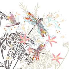 Fashion vector illustration with flowers and dragonfly