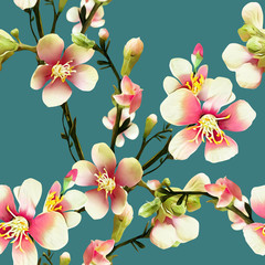 Apple tree flowers Illustration. Watercolor seamless pattern.