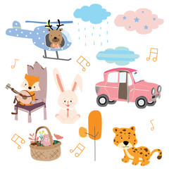 Cute orange pastel icon with fox,chair,car,guitar,leaf,flower,rabbit,tiger and rain