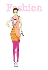 Fashion illustration. Stylish fashion models. Fashion girl Sketch. A girl in a dress.