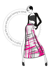 Fashion illustration. Stylish fashion models. Fashion girl Sketch. A girl in a dress and fashionable quote.