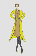 Fashion illustration. Stylish fashion models. Fashion girl Sketch. Girl in the coat