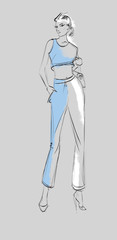 Fashion illustration. Stylish fashion models. Fashion girl Sketch. A girl in the suit.