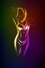 Hand-drawn fashion model from a neon. A light girl's. Fashion illustration.