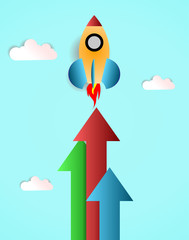 Business startup concept vector flat illustration. A rocket with arrows takes off into the sky.