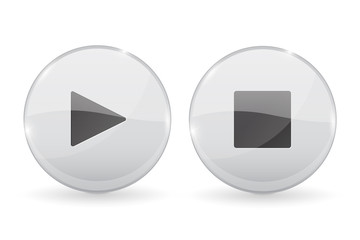 Play and Stop white glass 3d buttons