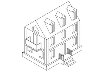 Residential house. Outline isometric drawing