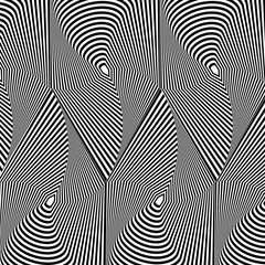 Abstract black and white striped background. Geometric pattern with visual distortion effect. Illusion of rotation. Op art.