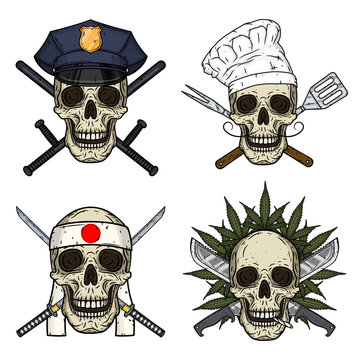 Set of four skulls, police man, chef, kamikaze and rastaman. Vector skull.