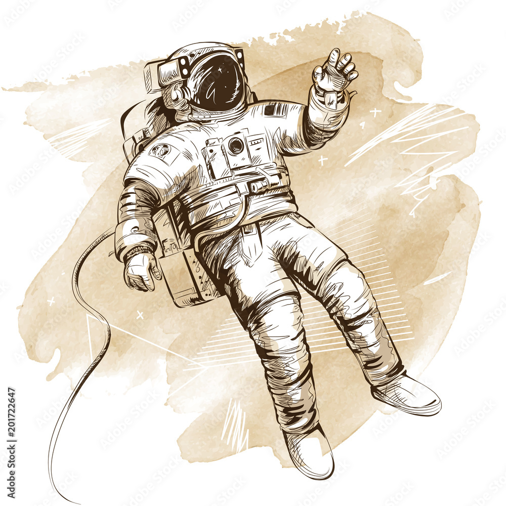 Wall mural cosmonaut or astronaut in spacesuit. hand drawn vector illustration on artistic watercolor backgroun
