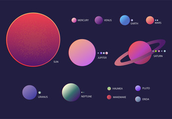 Flat solar system with styled simple rounded rectangles textured planets. © ikonstudio