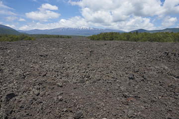 Snow capped peak of Volcano Llaima (3125 meters) rising above the lava fields and forests of Conguillio National Park in the Araucania region of southern Chile