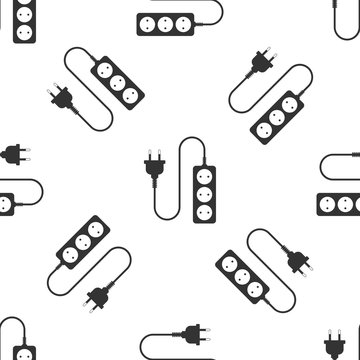 Electric extension cord icon seamless pattern on white background. Power plug socket. Flat design. Vector Illustration