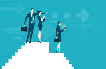 Fototapeta premium Businessman and business woman on top of the stairs, looking for the business growing charts and diagrams and representing professional success. Business concept illustration.