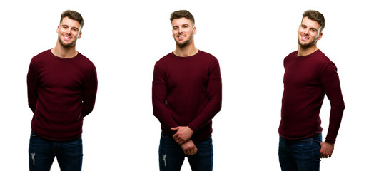 Handsome blond man confident and happy with a big natural smile laughing, natural expression isolated over white background