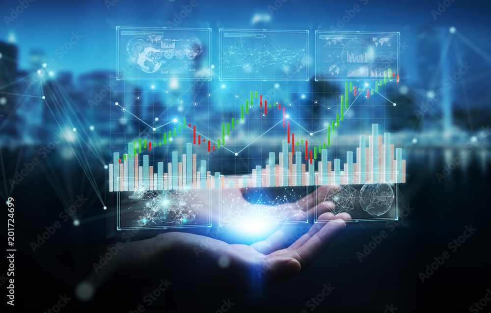 Poster Businessman using 3D rendering stock exchange datas and charts
