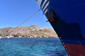 A container ship docked in Port of Livadi, Serifos Island, Greece