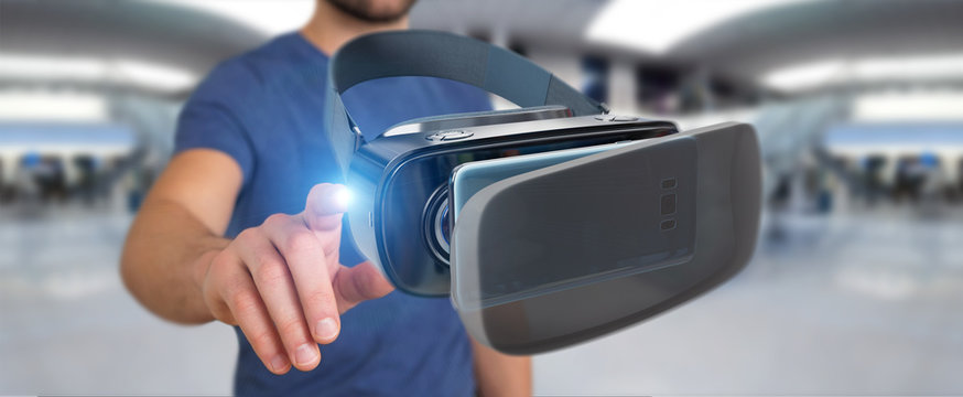 Businessman using virtual reality glasses technology 3D rendering