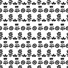 Hand drawn cute vector pattern. Simple doodle floral elements. Scandinavian style. Black and white.