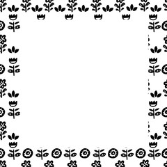 Hand drawn cute vector frame. Simple doodle floral elements. Scandinavian style. Black and white