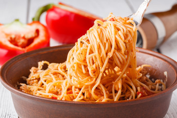 Pasta bake with whole wheat penne, tomatoes and mozarella