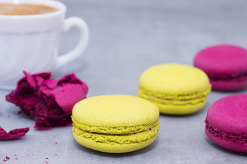 Macaroni cakes on a gray concrete background.