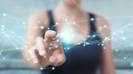 Businesswoman using flying network connection 3D rendering