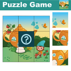 Puzzle for children featuring a cute gnome. Match pieces and complete the picture. Activity for preschool children.(Vector illustration)
