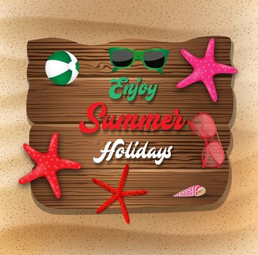 Enjoy Summer Holiday banner background. Beach ball, starfish, sunglasses, and coral on wood texture