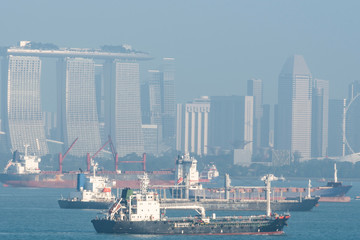 cargo ships and city of singapore