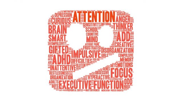 Attention ADHD animated word cloud on a white background. 