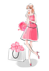 ピンクのドレスで外出